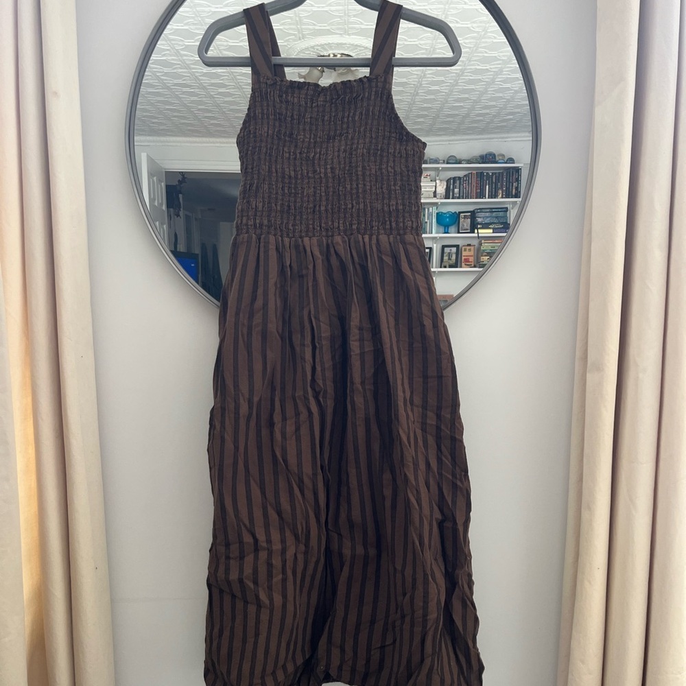 Everlane Brown + Black Crinkle Dress with Smocking